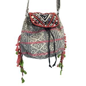 Ecote Boho Fringe Multicolored Adjustable Crossbody Shoulder Bag Pom Poms Mirror